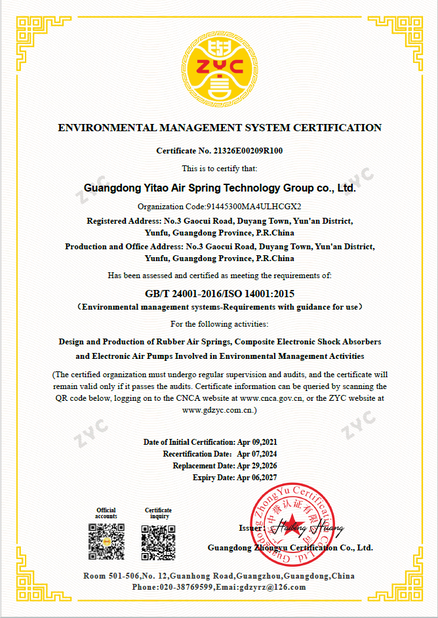 КИТАЙ Yitao Air Spring Group Сертификаты
